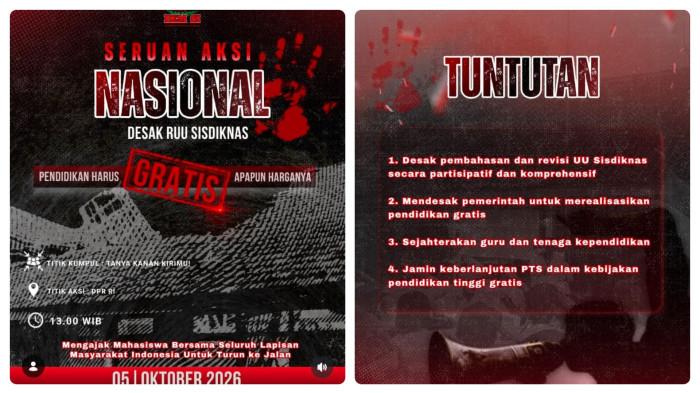 DEMO DI DPR - Mahasiswa bakal gelar demo di DPR RI pada Senin (5/10/2026) desan pendidikan gratis hingga guru dan tenaga pendidikan harus sejahtera.