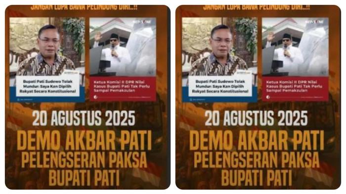 DEMO PATI JILI2 - Beredar selebaran Demo Pati Jilid 2 pada 20 Agustus 2025, bertuliskan: Demo Akbar Pati Pelengseran Paksa Bupati Pati. Selebaran informasi berisi tentang rencana unjuk rasa jilid II di Kabupaten Pati viral di sosial media, Jumat (15/8/2025). Dalam selebaran tersebut bertuliskan tentang seruan
