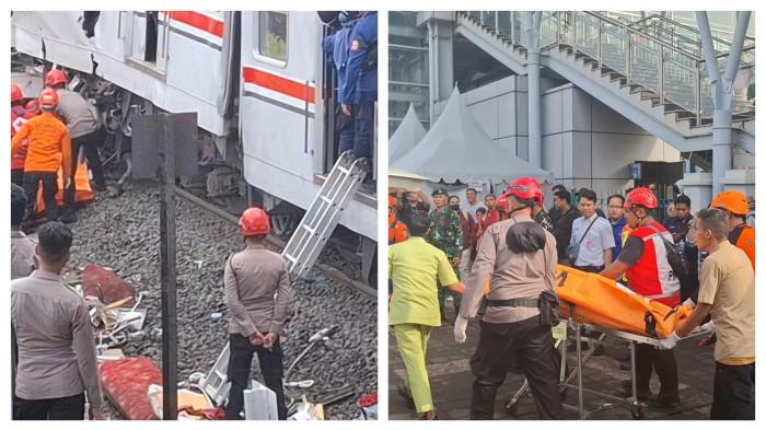KECELAKAAN KA BEKASI - Tim gabungan dari Basarnas kembali mengevakuasi dua kantong jenazah dari lokasi kecelakaan maut tabrakan KA Argo Bromo Anggrek dengan Commuter Line di Stasiun Bekasi Timur, Kota Bekasi pada Selasa (28/4/2026) pagi. (FAHDI FAHLEVI)