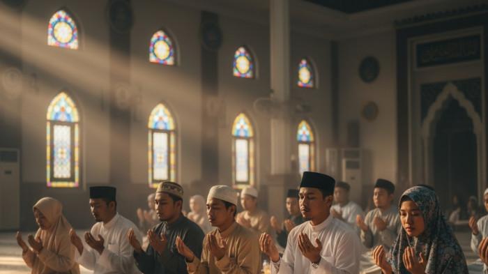 PUASA RAMADAN 2026 - Ilustrasi gambar berbuka puasa Ramadan bersama di dalam masjid dibuat dengan kecerdasan buatan (AI) Selasa (23/9/2025).
