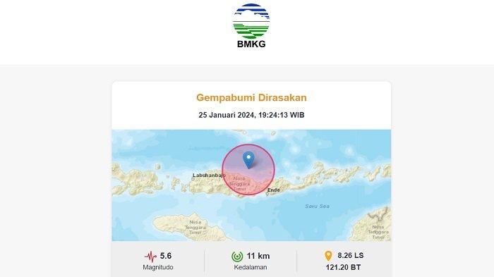 Gempa Terkini M 5,6 Guncang Mbay NTT Malam Ini, Terasa hingga Waingapu