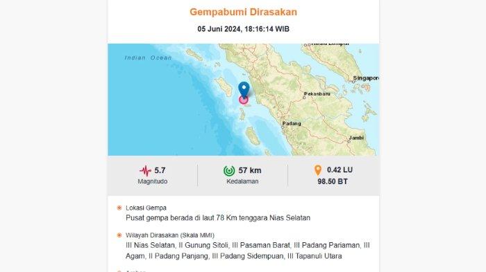 Gempa M 5,7 Guncang Nias Selatan Malam Ini, BMKG: Dirasakan di Padang Pariaman sampai Tapanuli Utara