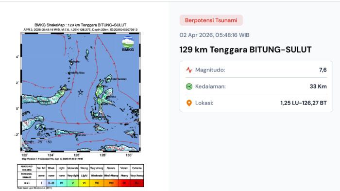 GEMPA SULUT - Gempa bumi magnitudo 7,3 yang mengguncang wilayah Sulawesi Utara, Kamis (2/4/2026) dikabarkan menelan 1 korban jiwa.
