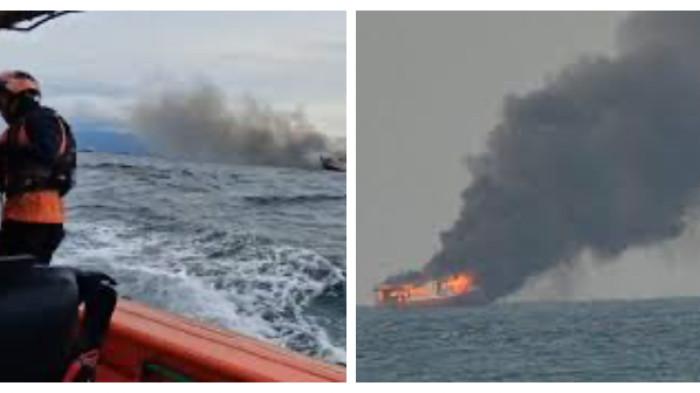 KAPAL NELAYAN TERBAKAR - Tim SAR Banten melakukan evakuasi korban kebakaran kapal KM Marina 7 di Perairan Pulau Ular, Cilegon, Kamis (19/2/2026).