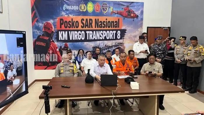 KECELAKAAN KAPAL - Menteri Perhubungan Dudy Purwagandhi didampingi Kepala Basarnas RI Marsekal Madya TNI Mohammad Syafii saat menggelar konferensi pers terkait kecelakaan KM Virgo Transport 8 di Posko KM Virgo, Terminal Pelabuhan Trisakti Banjarmasin, kalimantan Selatan Minggu (13/9/2026) sore.