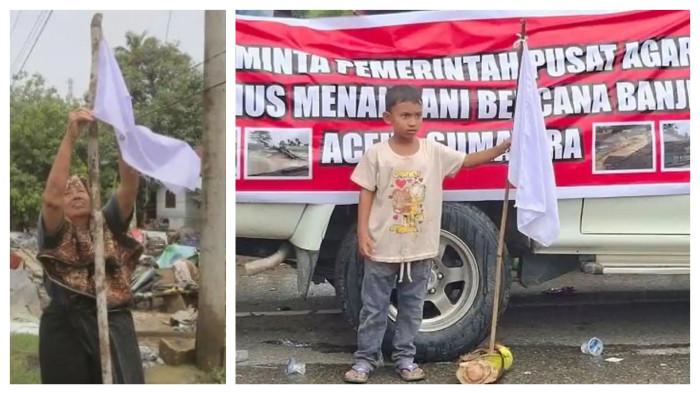 BENDERA PUTIH DI ACEH - Bendera putih berkibar di jalan lintas Aceh–Medan, simbol keputusasaan warga terdampak banjir bandang. Seorang anak laki-laki terlihat memegang bendera putih dalam aksi demontrasi tuntutan pusat menetapkan bencana nasional, di Kecamatan Pante Bidari, Aceh Timur, Selasa (16/12/2025). Fenomena korban bencana di Aceh kibarkan bendera putih mulai disorot sejumlah media asing. 