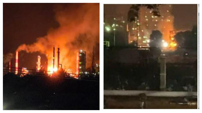 KILANG DUMAI TERBAKAR - Foto kolase Kilang Dumai milik Pertamina terbakar. Foto pertama, Kilang Dumai terbakar pada Rabu (1/10/2025) malam dan foto kedua Kilang Dumai terbakar pada Sabtu (1/4/2023) malam