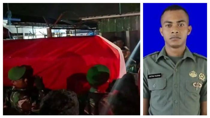 TANDU JENAZAH - Jenazah Praka Satria Taopan tiba dibandara El Tari Kupang, Jumat (9/1/2026) malam. Sejumlah prajurit TNI mengusung keranda jenazah dari terminal cargo ke mobil ambulans untuk dibawa ke rumah duka di Jalan Salak RT 020 RW 008 Kelurahan Oepura. Prajurit TNI asal NTT ini tewas ditembak KKB Papua pada Kamis (8/1). Praka Satria Taopan gugur ditembak KKB, evakuasi jenazahnya penuh tantangan, jenazah di gotong sejauh 5 KM.