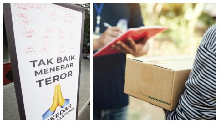 TEROR KEPALA ANJING - Spanduk dukungan antiteror dan ilustrasi paket misterius.  Teror jelang hari raya Idulfitri 1447 Hijriah menimpa pegiat media sosial sekaligus kader PDIP Palti Hutabarat, dapat kiriman bangkai kepala anjing