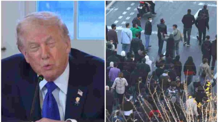 Kolase foto dari HO/IST/Tangkap Layar/RNTV dan Tangkap layar YouTube The White House 10 Januari 2026, menunjukkan Presiden AS Donald Trump saat menggelar pertemuan dengan para eksekutif perusahaan minyak dan gas, 10 Januari 2026 dan protes di Teheran pada 29 Desember 2025.
