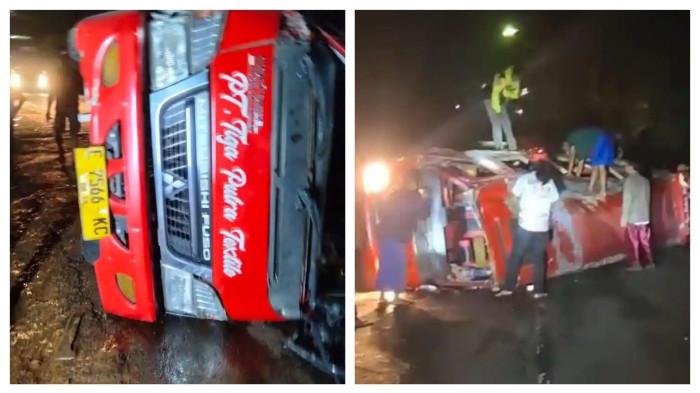 TANJAKAN CAE SUMEDANG - Penampakan mobil yang mengalami kecelakaan maut di Tanjakan Cae, Desa Cilangkap, Kecamatan Wado, Kabupaten Sumedang, Sabtu (1/11/2025) malam. Tanjakan Cae Sumedang, lokasi kecelakaan yang renggut nyawa 4 peziarah dikenal rawan kecelakaan, tikungan berbahaya serta minim penerangan.