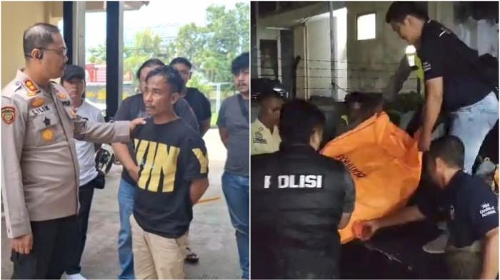 MAYAT DALAM KOPER - Pelaku pembunuhan dan mutilasi saat ditanyai Kapolres Kapolres Brebes AKBP Lilik Ardhiansyah di Mapolres Brebes, Jawa Tengah, Selasa (17/2/2026) (kiri) dan Evakuasi mayat dalam koper di Desa Sukareja, Kecamatan Banjarharjo, Kabupaten Brebes, Jawa Tengah pada Senin (16/2/2026) malam (kanan).