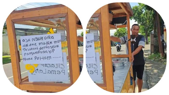 MUDIK DORONG GEROBAK - Edi Rasidi (50), pedagang siomay asal Desa Banyumudal, Kecamatan Moga, Kabupaten Pemalang, yang merantau ke Cilacap mendorong gerobak untuk mudik, Selasa (17/3/2026). Edy memilih berjalan kaki sambil mendorong gerobak siomay dari Cilacap menuju Pemalang.