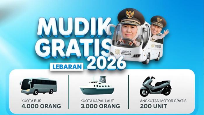 MUDIK GRATIS 2026 - Poster Mudik Gratis Pemprov Jatim 2026 diambil dari Instagram @dishubjatim pada Sabtu (28/2/2026). Mudik Gratis Pemprov Jatim 2026 sediakan kuota 7.000 orang dan 200 unit motor, gunakan bus dan kapal laut, pendaftaran online dibuka 2-4 Maret 2026.