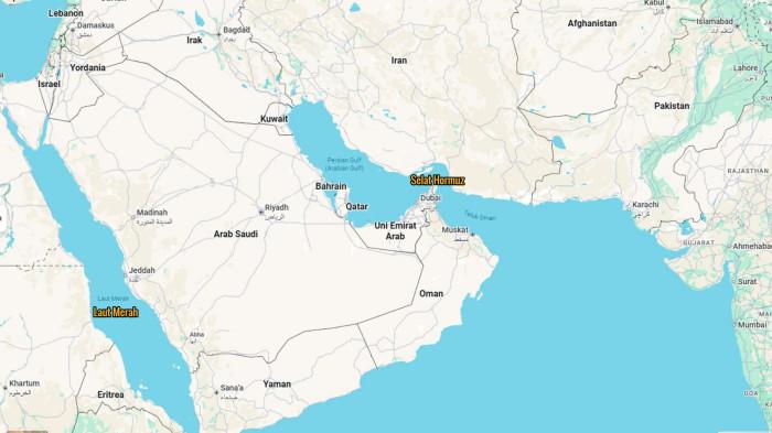 ALTERNATIF SELAT HORMUZ - Tangkap layar Google Maps memperlihatkan Laut Merah dan Selat Hormuz.