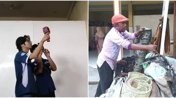 API MISTERIUS - (Kiri) Tim Pusat Kajian Pelambatan Entropi (PKPE) Fakultas Teknik Universitas Gadjah Mada (UGM) melakukan observasi di rumah Agus Yani di Seyegan, Sleman, Sabtu (30/5/2026), dan (kanan) barang-barang di rumah Agus yang terbakar karena api misterius.