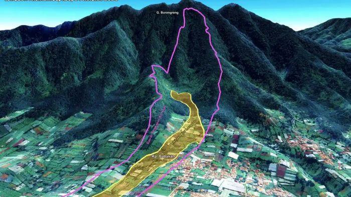 GUNUNG BURANGRANG - Grafis yang memperlihatkan peta longsor di Cisarua, Kabupaten Bandung Barat, Sabtu 24 Januari 2026. Longsor ini menewaskan seratusan warga sipil dan TNI. Basarnas hentikan sementara pencarian korban longsor Cisarua KBB di sektor A2 & A3 akibat mahkota longsor Gunung Burangrang kritis tergenang air