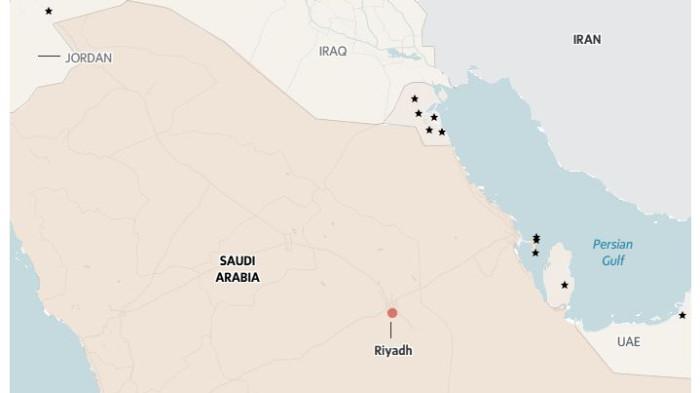 KONFLIK TIMUR TENGAH - Tangkap layar The Globe and Mail menampilkan peta serangan Iran terhadap Arab Saudi per 28 Februari 2026. Pangkalan Militer AS ditandai dengan tanda bintang.
