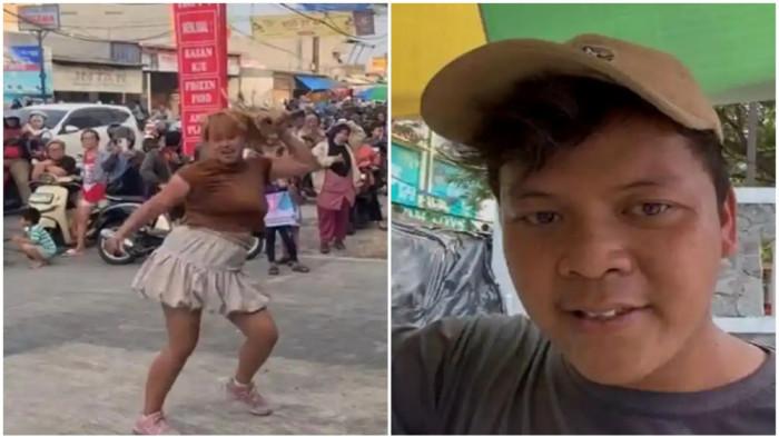 LIVE PINKAN MAMBO - Aksi live Pinkan Mambo di Jalan Raya Mauk, Sepatan, Kabupaten Tangerang (kiri), menarik kerumunan warga hingga suasana mendadak ramai. Kehadiran penonton turut membawa berkah bagi Muhammad Irfan (kanan), salah satunya penjual kue cubit yang mengaku dagangannya ikut laris.