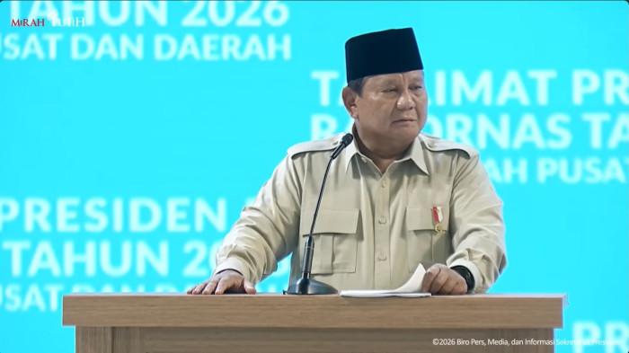 TAKLIMAT PRABOWO SUBIANTO - Dalam foto: Presiden RI Prabowo Subianto menyampaikan taklimat pada Rapat Koordinasi Nasional (Rakornas) Pemerintah Pusat dan Daerah Tahun 2026 di Sentul International Convention Center (SICC) Kabupaten Bogor, Jawa Barat, Senin (2/2/2026).