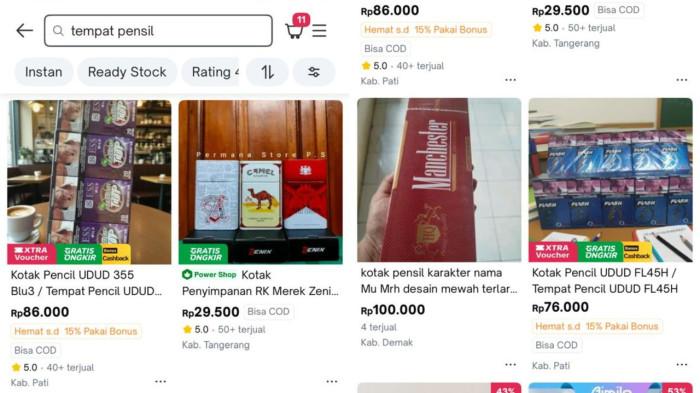 ROKOK ILEGAL - Tangkap layar beberapa produk rokok ilegal yang muncul saat pencarian tempat pensil di salah satu marketplace pada Selasa (14/10/2025). Temuan ini menguatkan dugaan adanya penyamaran sistematis dalam etalase digital penjualan rokok tanpa cukai.