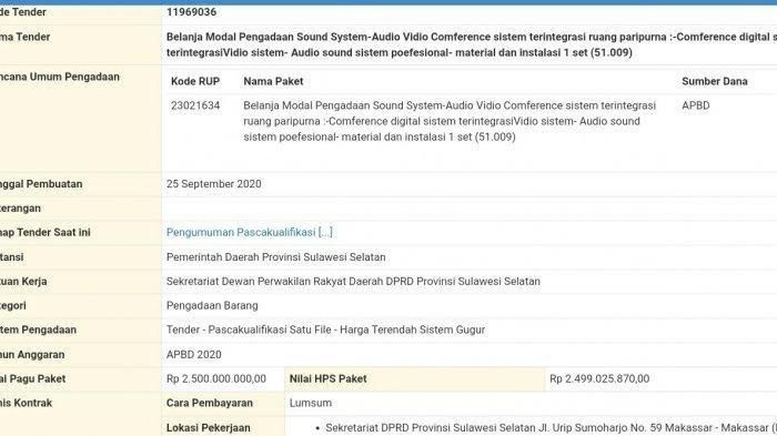 Sekretariat DPRD Sulsel Lelang Pengadaan Sound System-Audio Vidio Conference, Pagunya Rp 2,5 Miliar