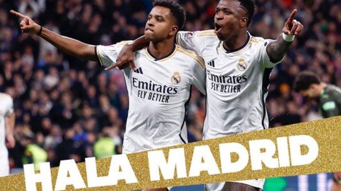 Selebrasi Rodrygo setelah mencetak gol untuk Real Madrid di Liga Champions saat melawan Manchester City di perempat final, Rabu (10/4/2024) dinihari WIB.
