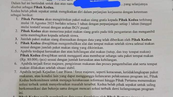 Viral foto surat perjanjian kerja sama program Makan Bergizi Gratis (MBG) antara Satuan Pelayanan Pemenuhan Gizi (SPPG) dan pihak sekolah selaku penerima manfaat di Kabupaten Blora, Jawa Tengah