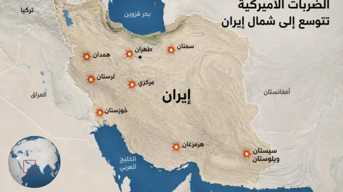 LEBIH DALAM - Tangkap layar Khbrn, Kamis (16/7/2026) yang menunjukkan titik serangan Amerika di Iran. Ibu kota, Teheran, juga kena bom.