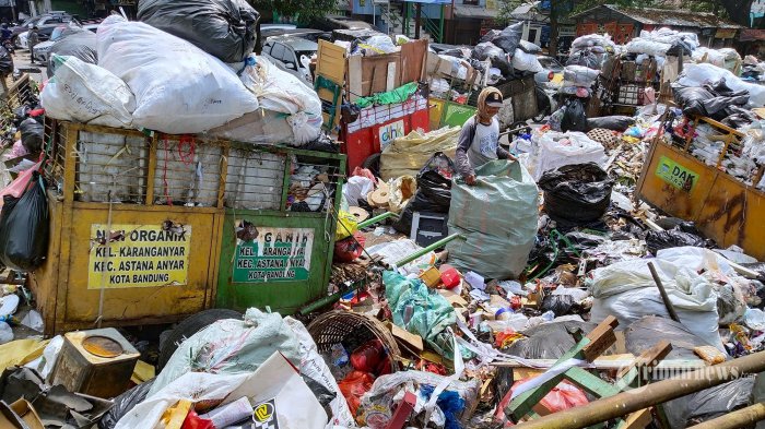 Gerobak berisi tumpukan sampah berjejer di Tempat Pembuangan Sampah (TPS) Pagarsih, Jalan Pagarsih, Kota Bandung, Jawa Barat, Sabtu (14/1/2023). Tumpukan sampah tersebut belum diangkut akibat keterlambatan datangnya truk sampah ke TPS Pagarsih karena terkendala terjadi antrean angkutan sampah ke Tempat Pembuangan Akhir (TPA) di Sarimukti, Kabupaten Bandung Barat (KBB) yang sudah berlangsung beberapa hari. (TRIBUN JABAR/GANI KURNIAWAN)