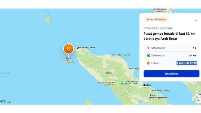Gempa M 4,5 Guncang Aceh, BMKG: Pusat Gempa di Laut, Tak Berpotensi Tsunami