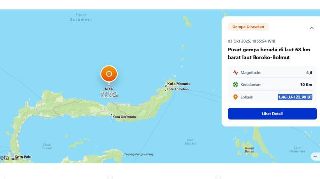 Gempa M 4,6 Guncang Laut Sulawesi, BMKG: Terasa di Gorontalo