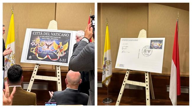 Perangko Indonesia-Takhta Suci Vatikan Diluncurkan Ada Gambar Garuda dan Takhta Suci 