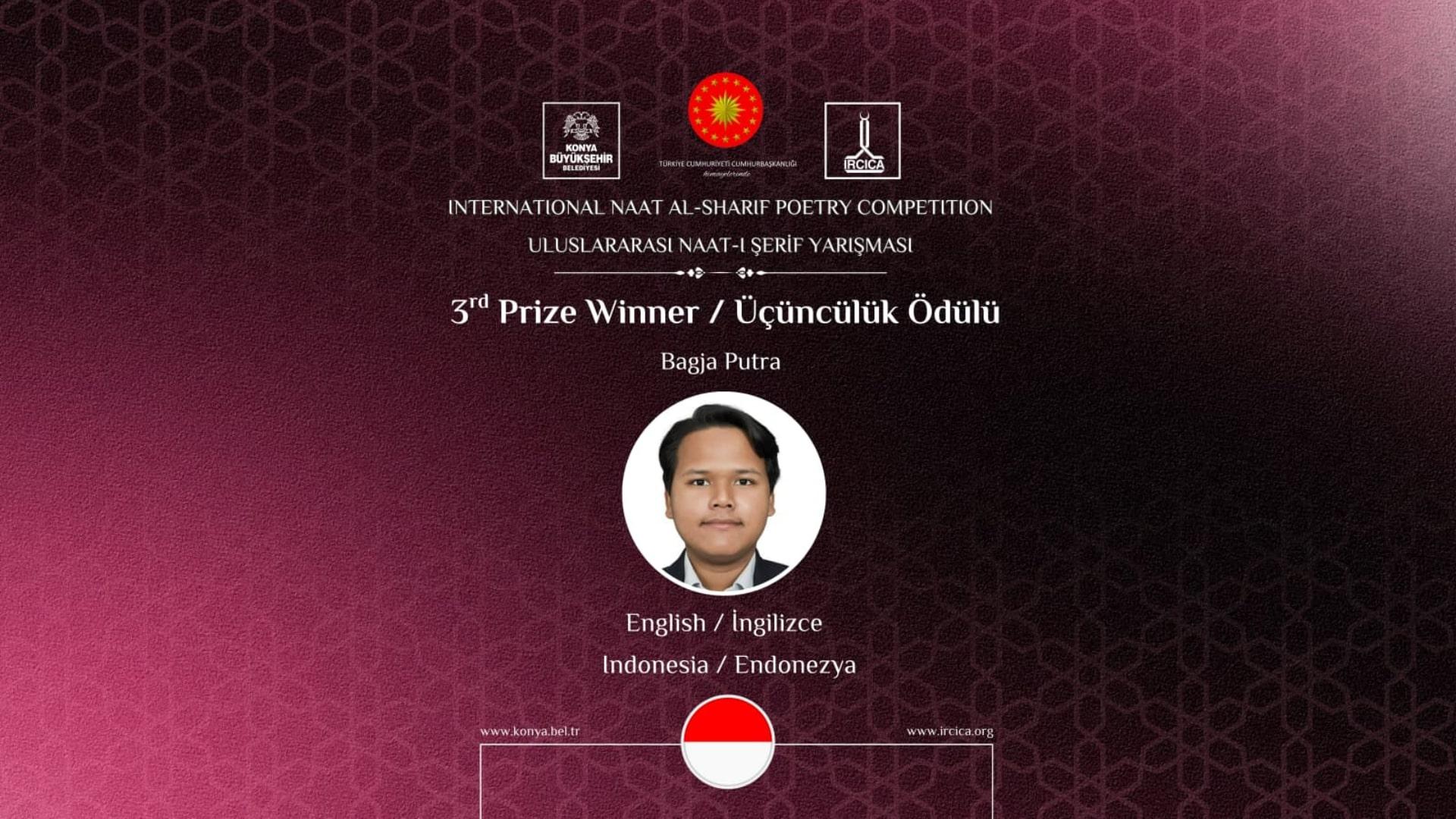 PRESTASI MAHASISWA INDONESIA - Bagja Putra, mahasiswa Indonesia di Turki, meraih Juara III kategori Bahasa Inggris dalam International Naat Al-Sharif Poetry Competition 2025. Ia menulis syair berbentuk gurindam berbahasa Inggris selama dua bulan, terinspirasi dari pemikiran Imam Said Nursi dan Risale-i NurHO Tribunnews