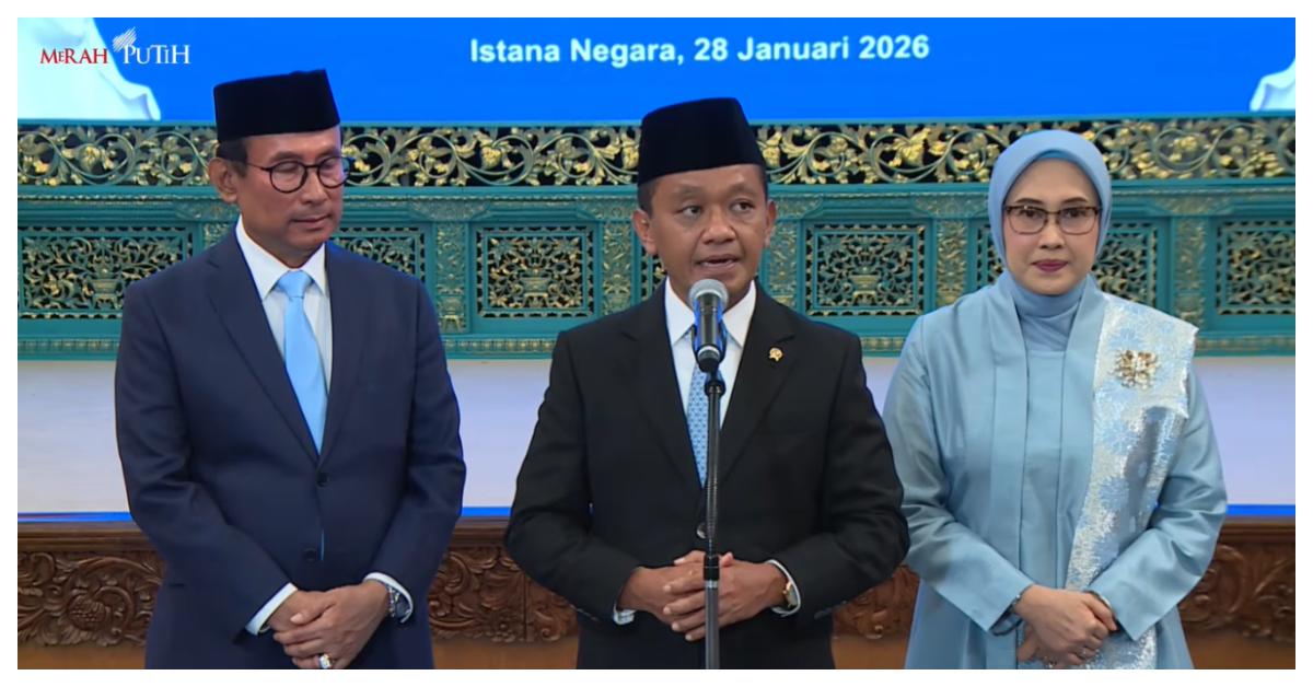 DEWAN ENERGI NASIONAL - Menteri Energi dan Sumber Daya Mineral (ESDM) Bahlil Lahadalia saat memberikan keterangan setelah resmi dilantik menjadi Ketua Harian Dewan Energi Nasional di Istana Negara, Rabu (28/1/2026). Bahlil mengaku merasa bersyukur atas pelantikan Dewan Energi Nasional ini karena dilantik langsung oleh Prabowo.
