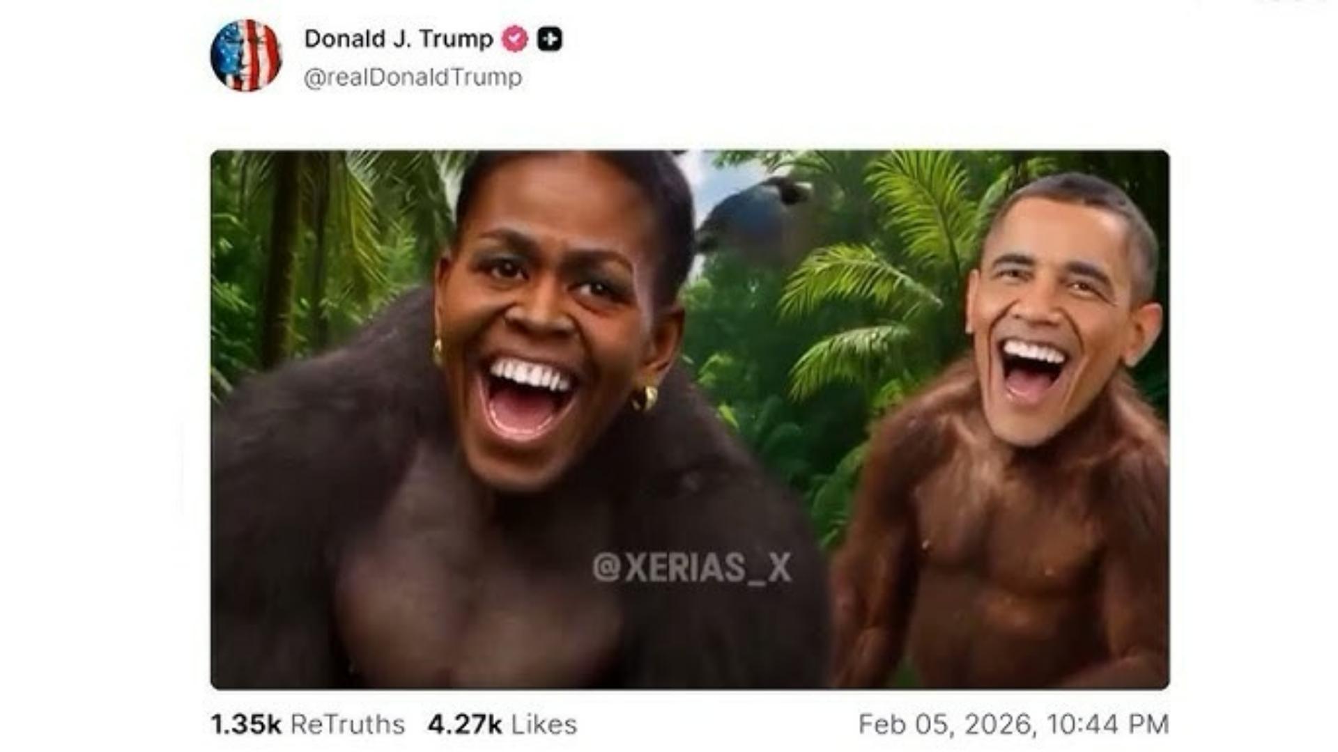 UNGGAHAN RASIS - Tangkap layar YouTube WGN News, menampilkan potongan klip yang menunjukkan wajah Barack dan Michelle Obama di tubuh kera. Gedung Putih menyebut ada kesalahan.