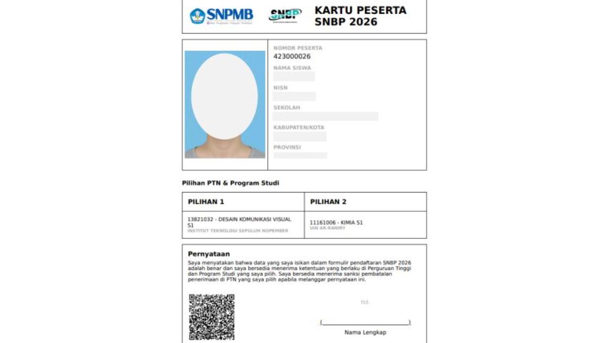 KARTU PESERTA SNBP - Foto ini diambil dari Panduan Pendaftaran SNBP 2026 pada Selasa (3/2/2026). Ada satu dokumen yang menjadi bukti pendaftaran SNBP 2026 yaitu Kartu Peserta SNBP yang wajib dicetak setelah melakukan finalisasi.