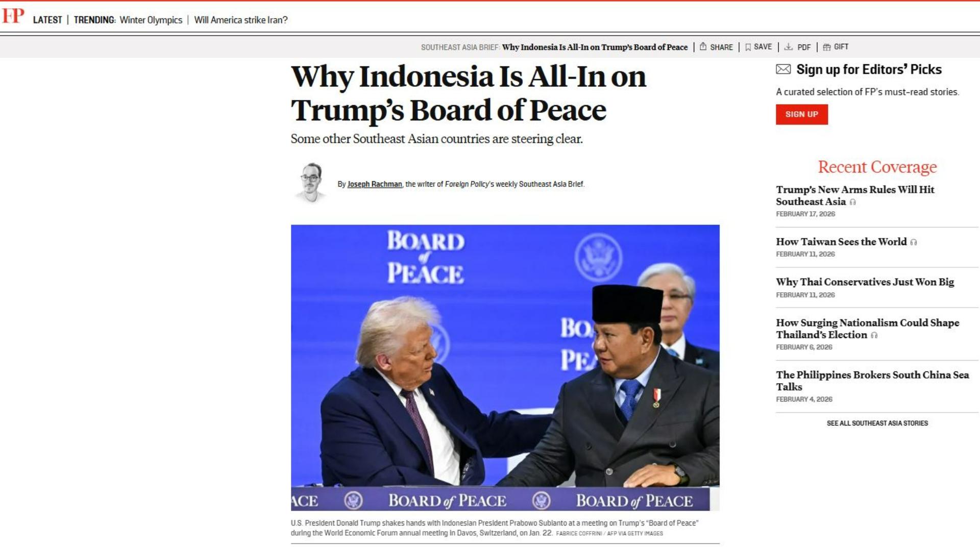 DISOROT MEDIA ASING - Tangkap layar sebuah artikel yang terbit di Foreign Policy pada 18 Februari 2026