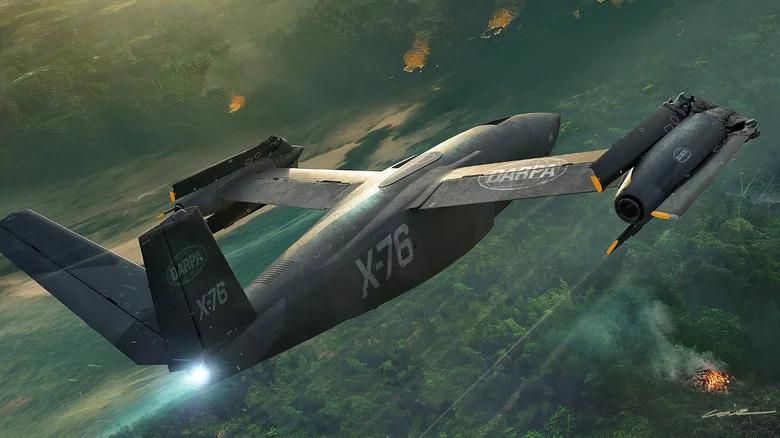 PESAWAT EKSPERIMENTAL AS - Gambar render yang dirilis DARPA, menampilkan pesawat prototipe SPRINT X-76. Pesawat ini dirancang menggabungkan kecepatan jet dengan fleksibilitas helikopter untuk operasi militer modern.
