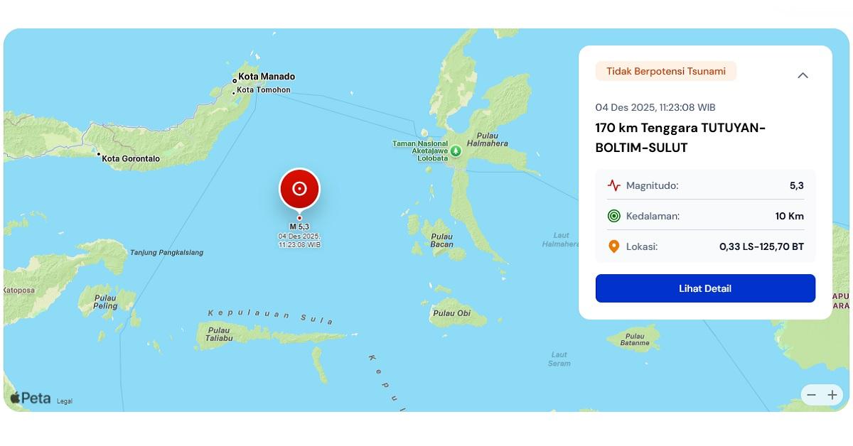 Gempa M 5,3 Guncang Sulawesi Utara, Tidak Berpotensi Tsunami