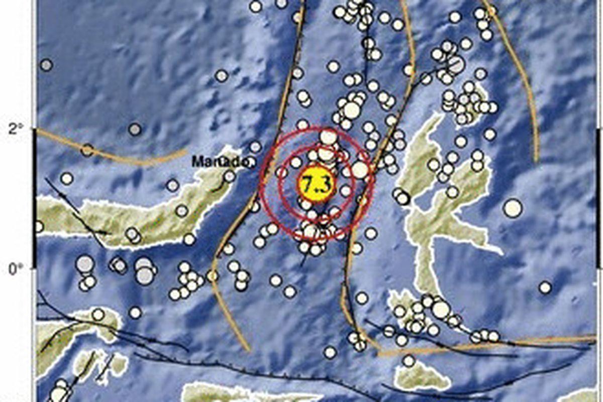 GEMPA - Lokasi gempa di Bitung, Sulawesi Utara, yang berpotensi tsunami.