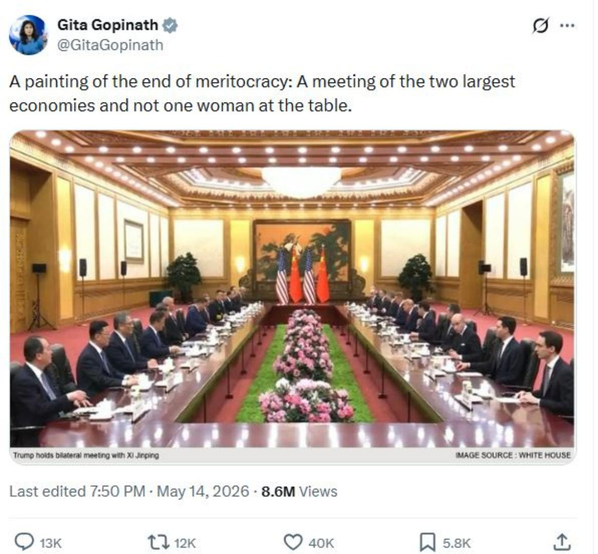 KTT AS-CHINA - Tangkap layar cuitan X Ekonom Amerika sekaligus mantan Wakil Direktur Pelaksana Dana Moneter Internasional (IMF), Gita Gopinath. Gopinath menyoroti tidak adanya perempuan dalam pembicaraan tingkat delegasi antara Presiden AS Donald Trump dan Presiden China Xi Jinping.