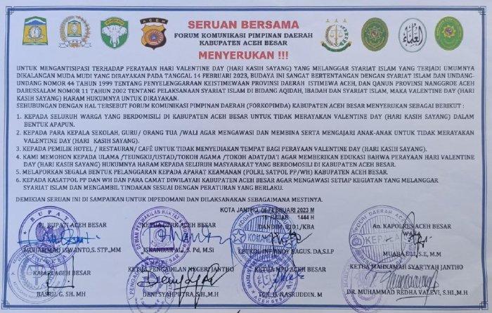 LARANGAN MERAYAKAN VALENTINE - Foto yang dirilis Pemerintah Aceh pada 13 Februari 2023, menampilkan larangan untuk merayakan Hari Valentine di Provinsi Aceh. (acehprov.go.id)