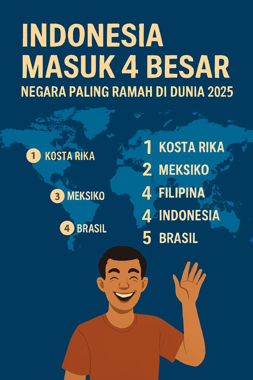 INDONESIA RAMAH - Menurut survei dari InterNations, Indonesia berhasil menempati peringkat ke-4 dalam daftar 10 negara paling ramah di dunia tahun 2025.