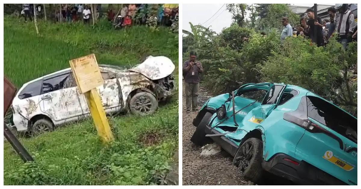 TERTEMPER KERETA - Kolase foto kondisi unit taksi listrik Green SM yang ringsek usai tertabrak KRL di perlintasan Ampera, Bekasi, Jawa Barat, Selasa (28/4/2026) (kanan) - Proses evakuasi mobil Toyota Avanza setelah tertabrak KA Argo Bromo Anggrek di perlintasan kereta tanpa palang di Grobogan, Jumat (1/5/2026) (bawah kiri). Rentetan insiden kendaraan yang tertemper kereta di sejumlah perlintasan, 4 orang meninggal dalam peristiwa di Grobogan. Jumat (1/5/2026).