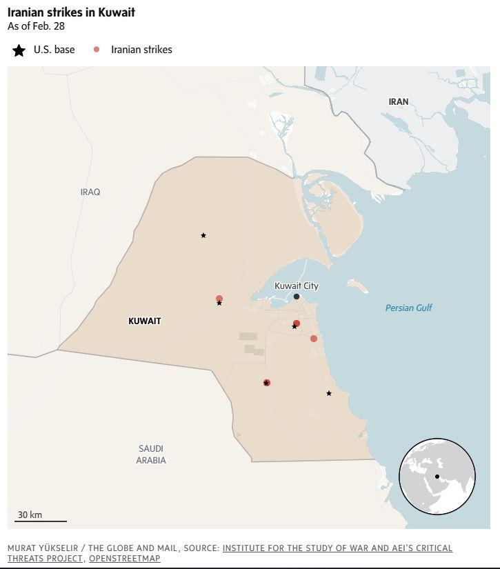 KONFLIK TIMUR TENGAH - Tangkap layar The Globe and Mail menampilkan peta serangan Iran terhadap Kuwait per 28 Februari 2026. Pangkalan Militer AS ditandai dengan tanda bintang.