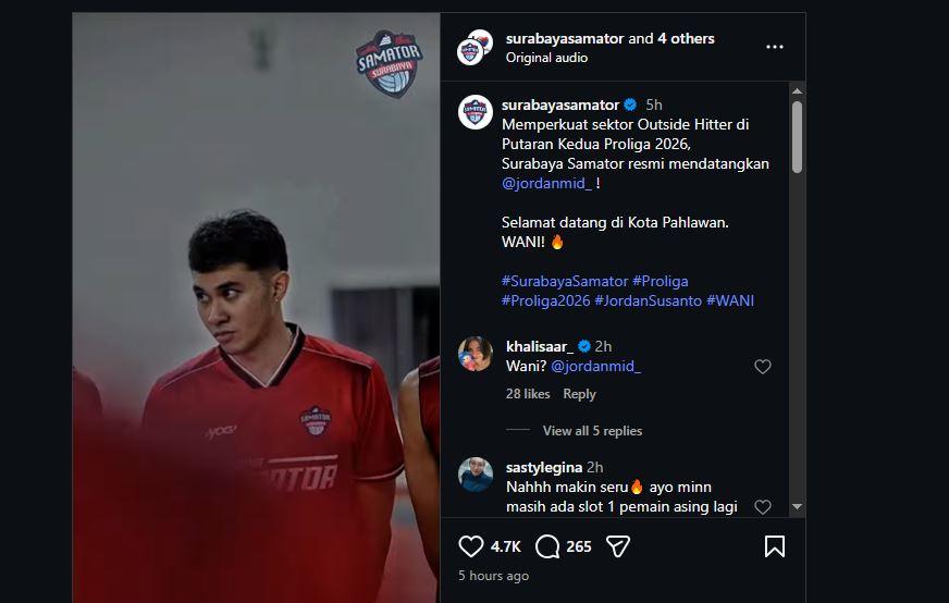 JORDAN GABUNG SAMATOR - Perkenalan hitter Timnas Voli Indonesia, Jordan Susanto yang bergabung ke Surabaya Samator untuk mengarungi sisa musim Proliga 2026.