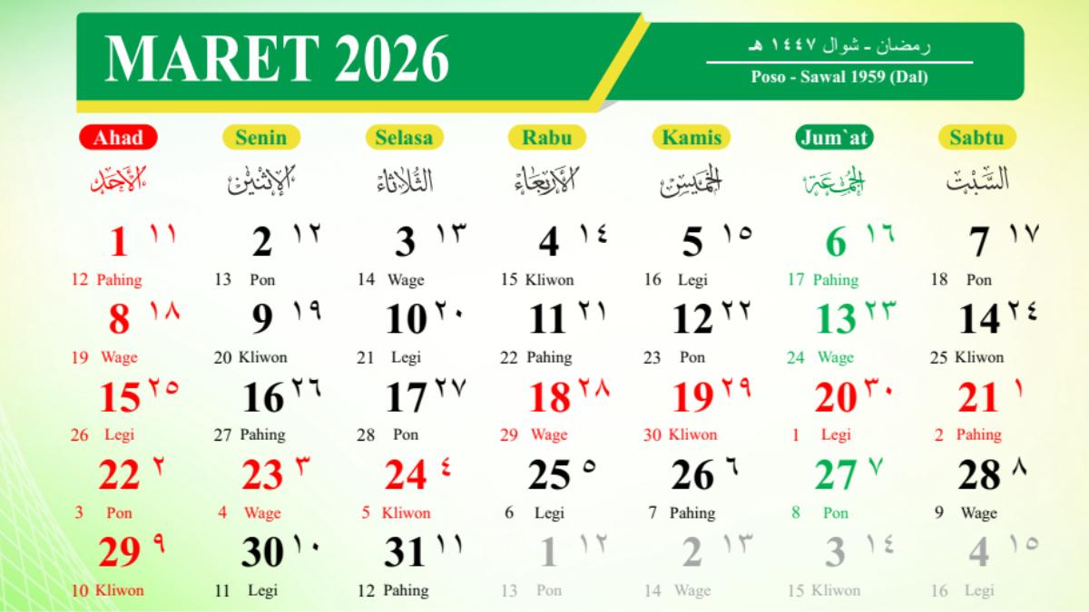 Kalender Jawa 16 Maret 2026 & Rejeki Weton Senin Pahing