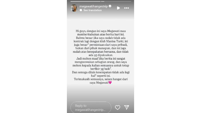 PERNYATAAN RESMI MEGAWATI - Tangkap layar Instagram story @megawatihangestrip, menampilkan pernyataan resmi Megawati bersamaan dengan pemutusan kontraknya dengan Manisa BBSK
