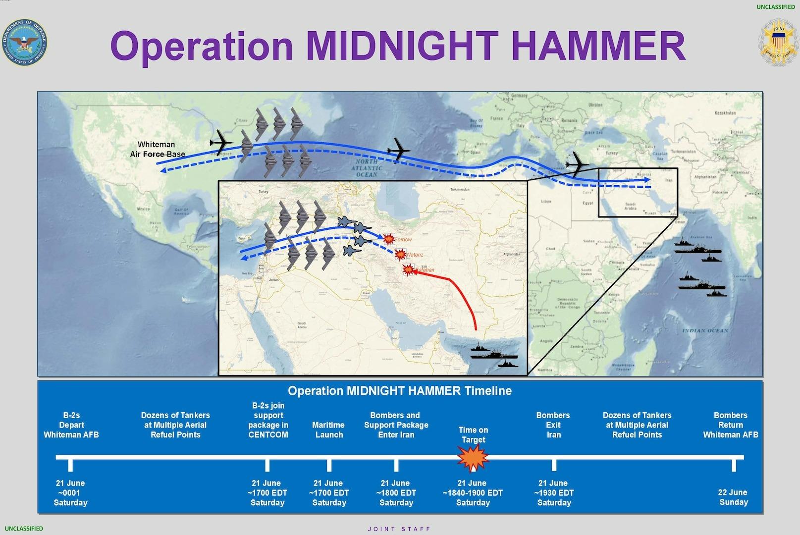 OPERATION MIDNIGHT HAMMER - Gambar yang dirilis Kementerian Pertahanan AS, memperlihatkan rute tim pesawat pengebom B-2 Spirit dalam serangan ke Iran pada 21 Juni 2025.
